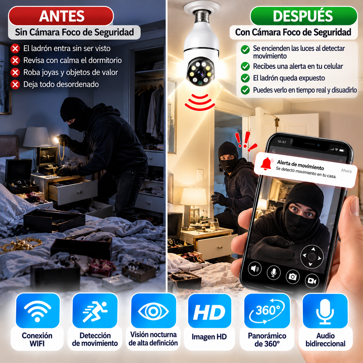 Cámara Foco Imágenes HD Con Giro 360°, Visión Nocturna y Detector Movimiento