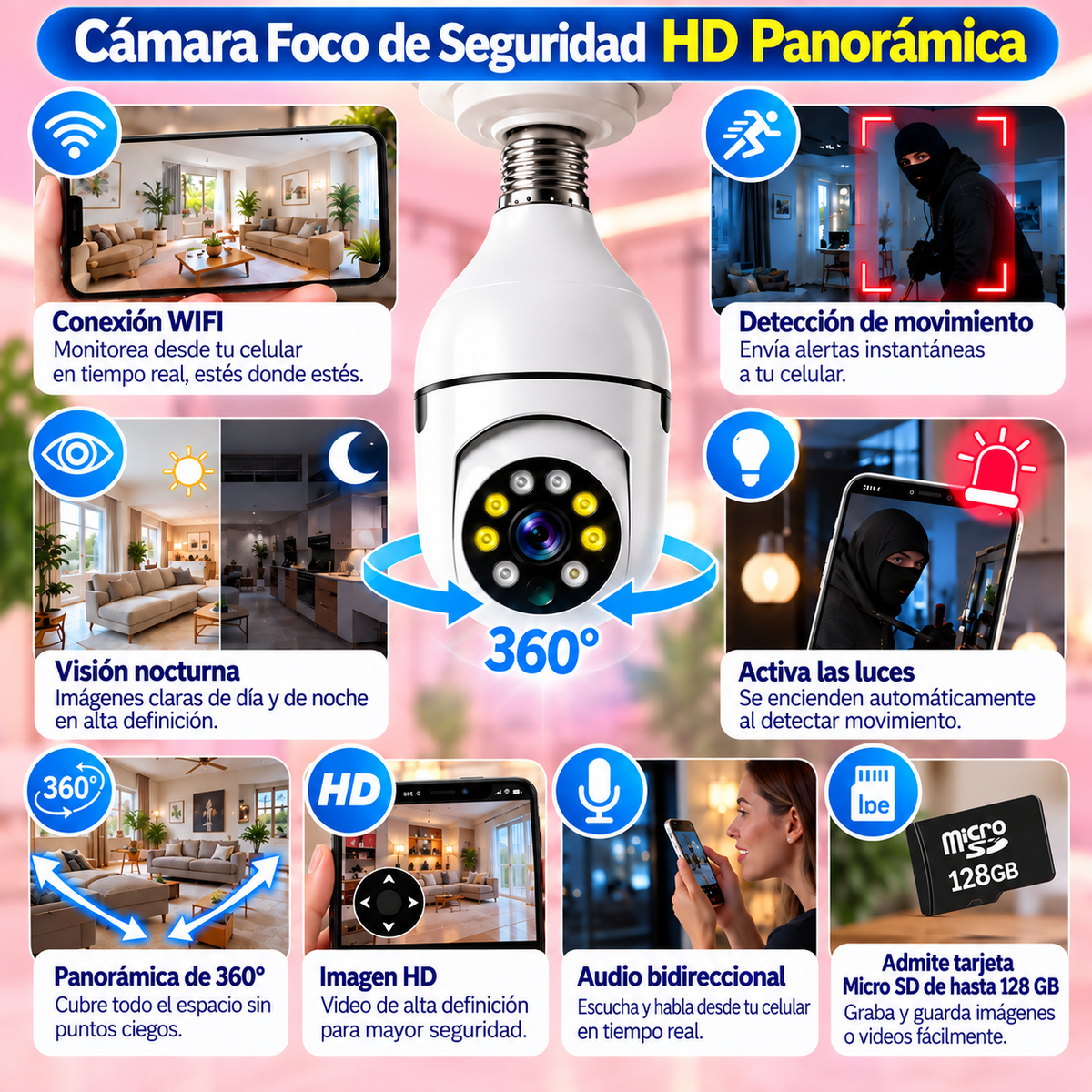 Cámara Foco Imágenes HD Con Giro 360°, Visión Nocturna y Detector Movimiento