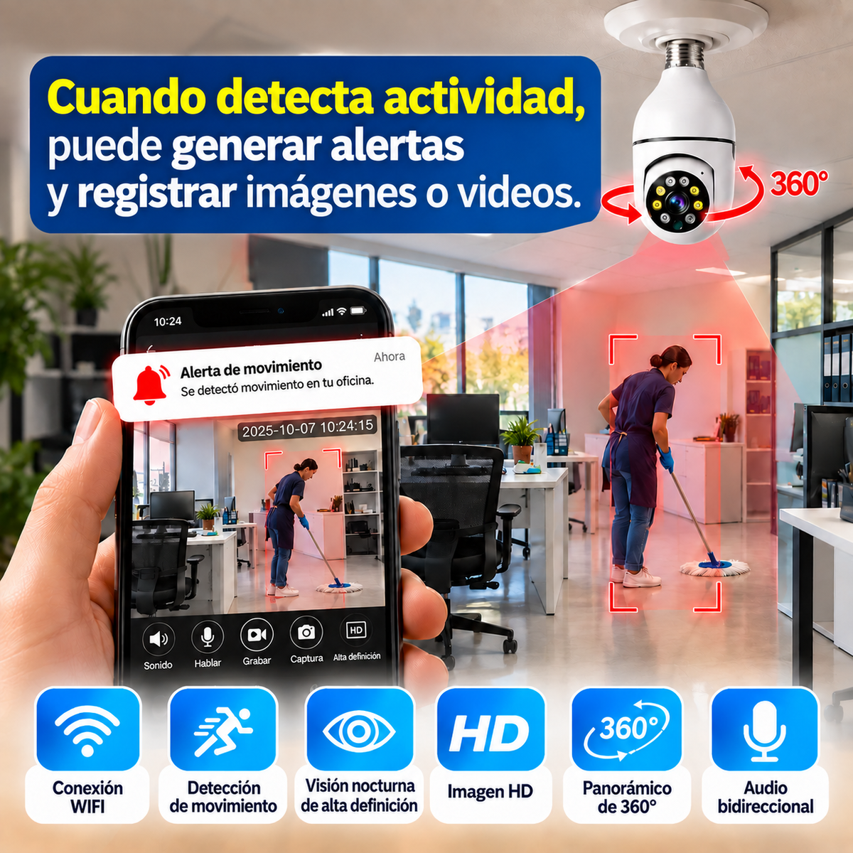 Cámara Foco Imágenes HD Con Giro 360°, Visión Nocturna y Detector Movimiento
