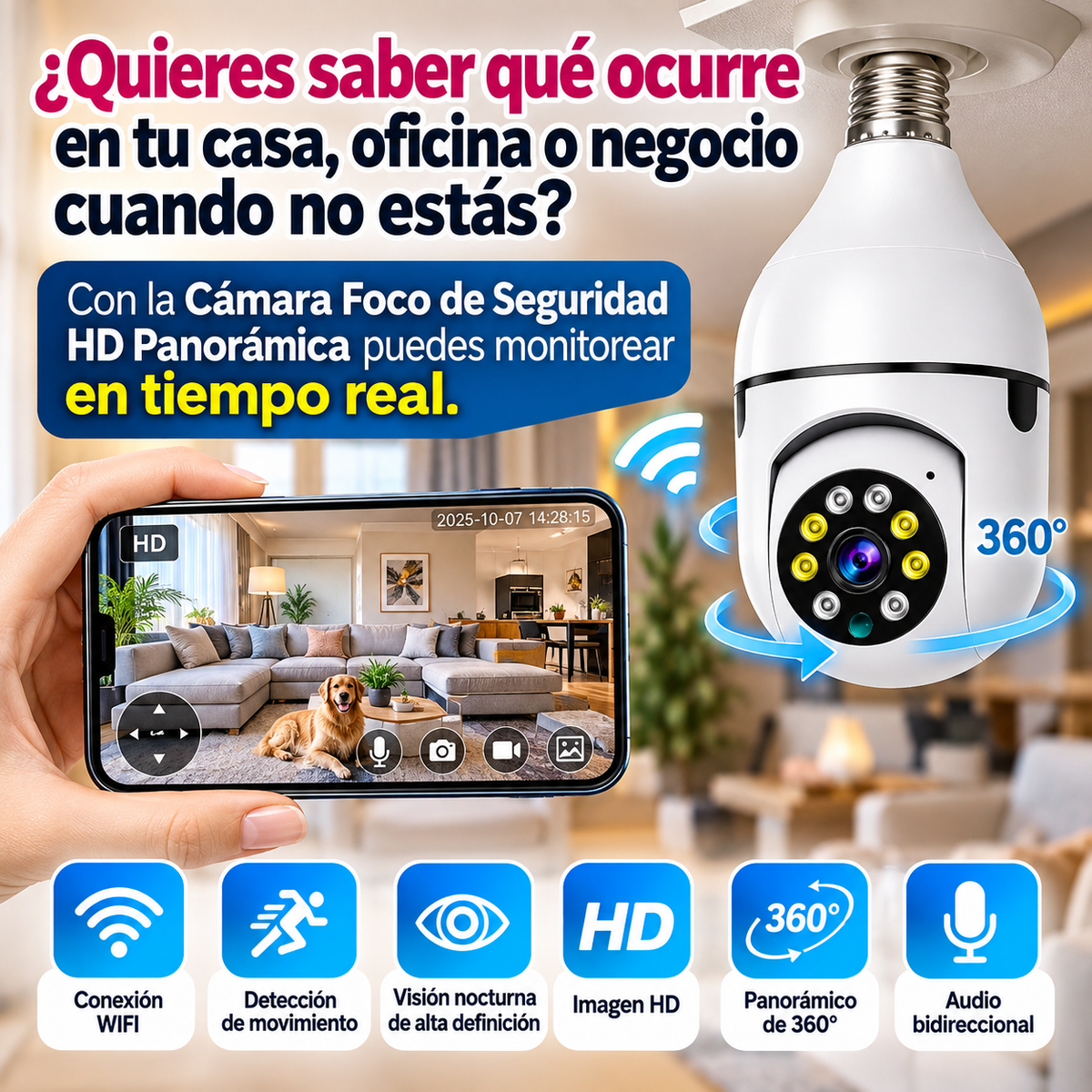 Cámara Foco Imágenes HD Con Giro 360°, Visión Nocturna y Detector Movimiento