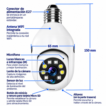 Cámara Foco Imágenes HD Con Giro 360°, Visión Nocturna y Detector Movimiento